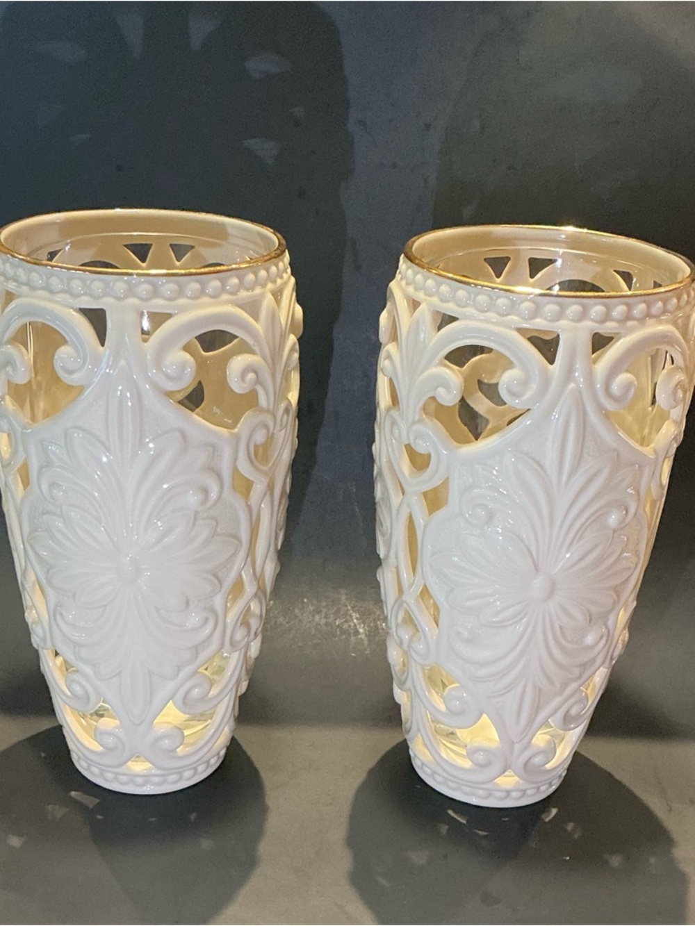 2 Classic Lenox Scroll Pierced Vase With Glass Insert Pair EUC No Box